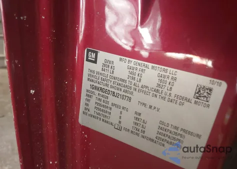 2011 Chevrolet Traverse 1Lt из США, поврежденный, VIN 1GNKRGED7BJ210778